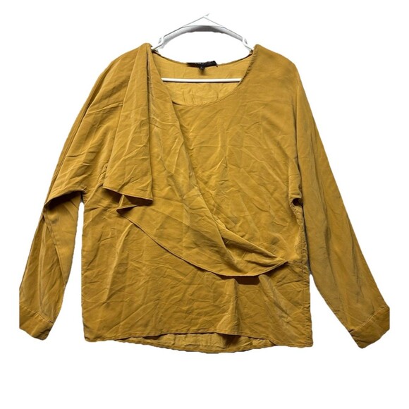 Cynthia Steffe Long Sleeve Gold Blouse 100% Silk Sz 6 Faux Wrap Top - Picture 1 of 5